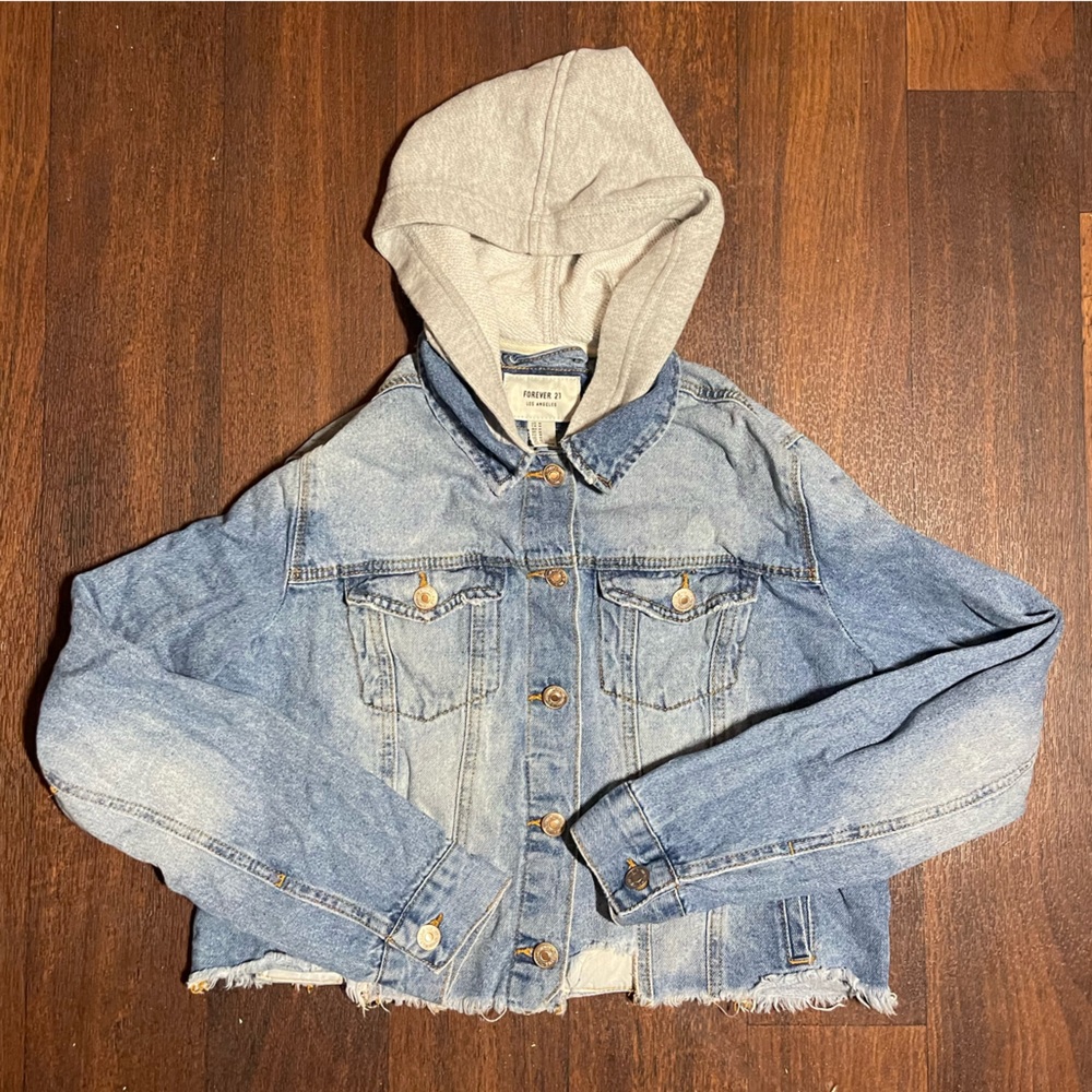 Forever 21 Distressed Cropped Hooded Jean Jacket